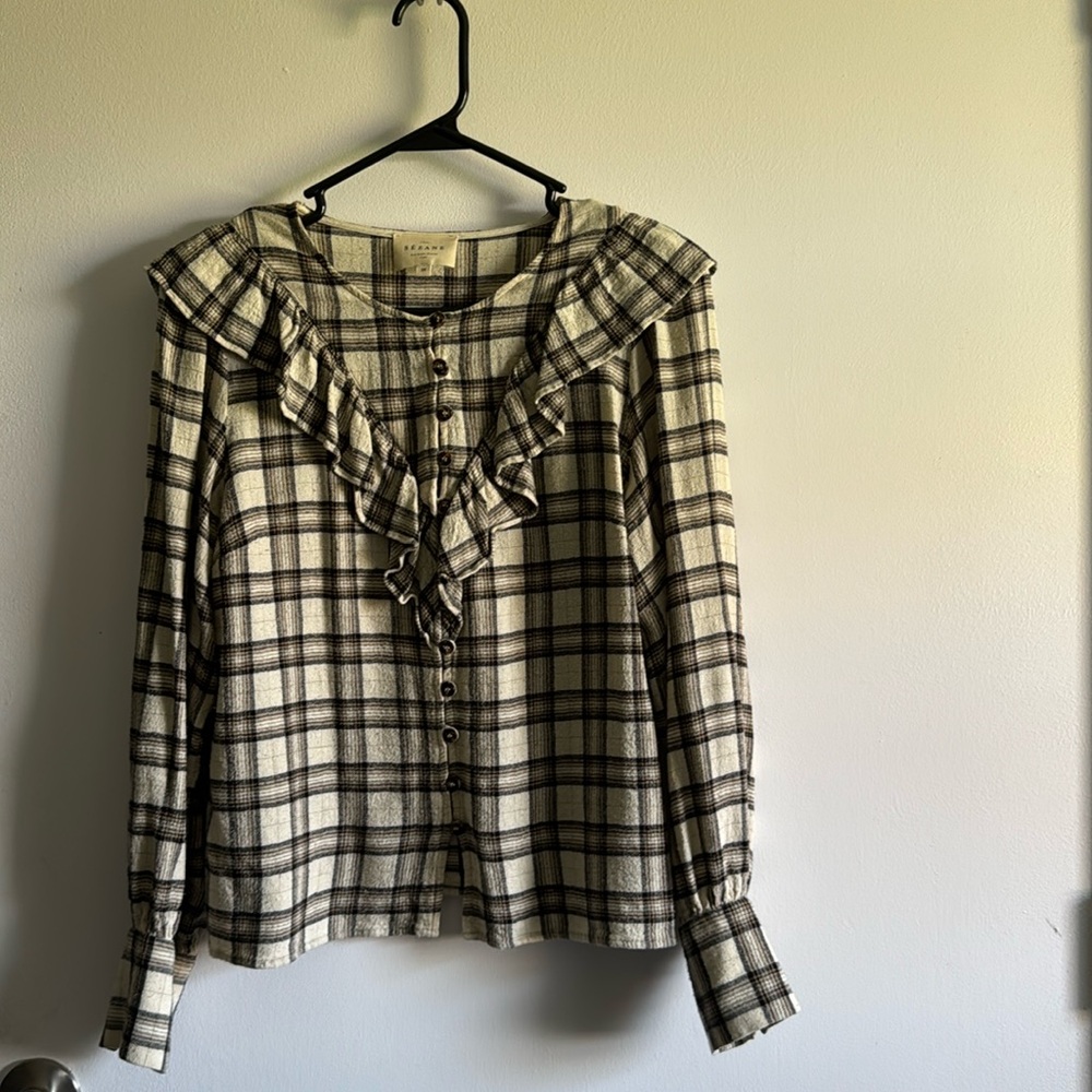 Sézane- Angela Shirt Button Ruffle Front Casablanca Plaid Blouse Size 38